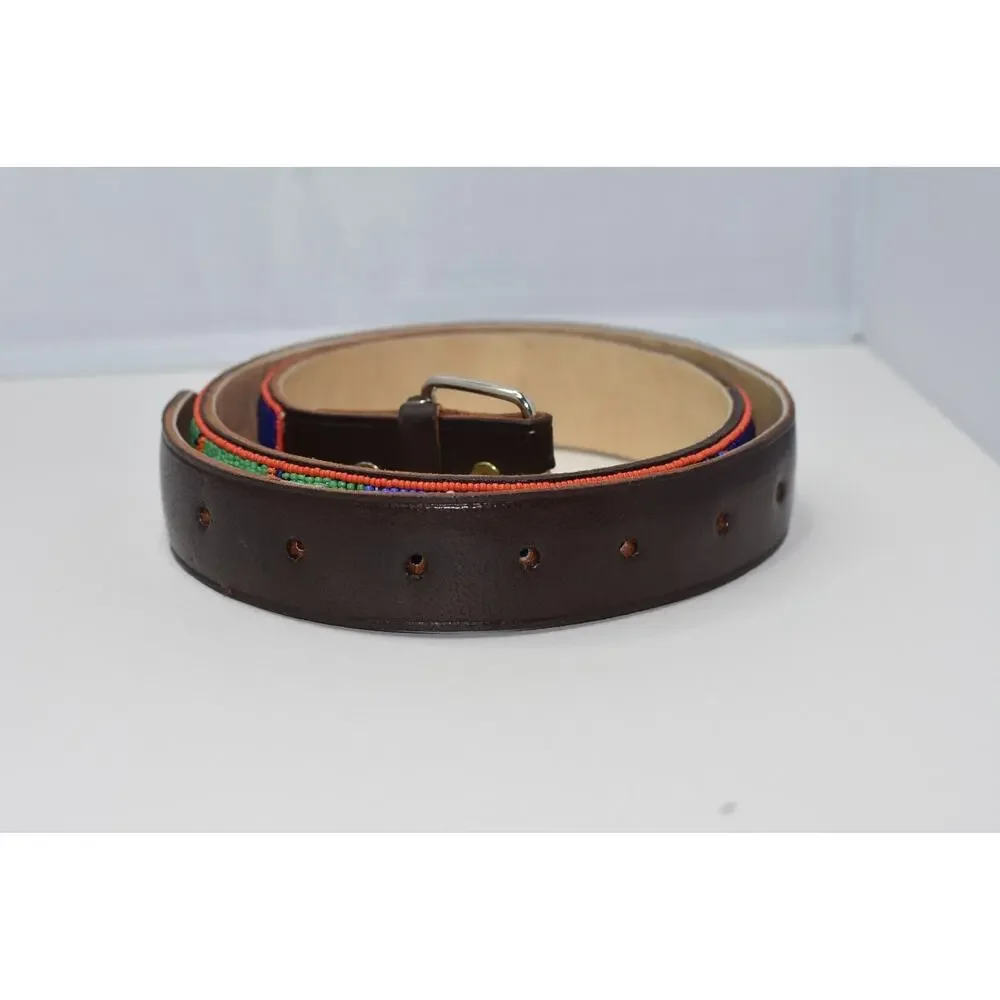 UNISEX BoHo Hand Beaded Maasai Leather Belt with Silver Tone Buckle 34-40